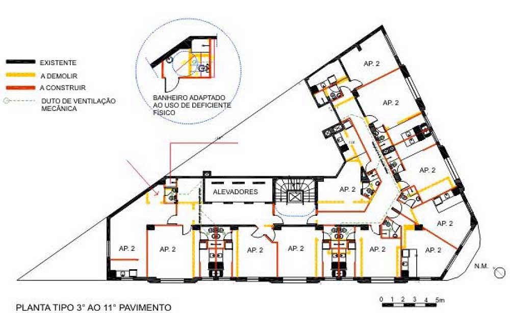 Planta do pavimento tipo, do 3º ao 11º andar, com os elevadores ao centro